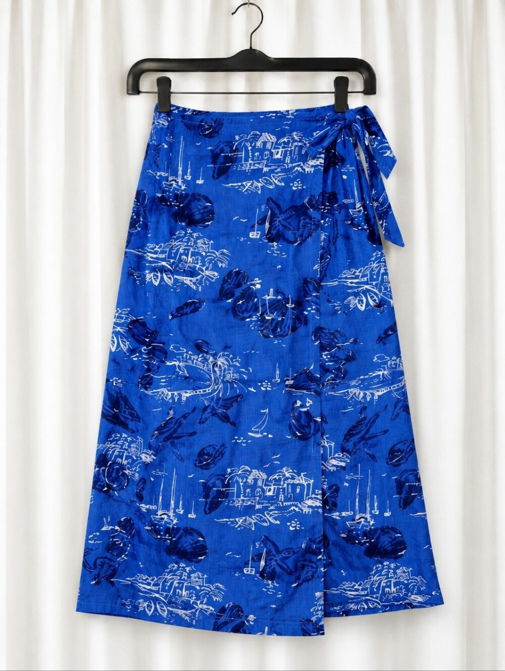 Vintage Line Two Blue Coastal Toile Scenic Wrap Midi Skirt Nautical Resort Wear